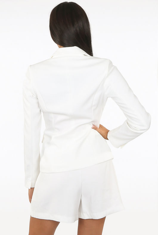 Button Up Side Pocketed White Blazer