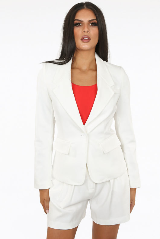Button Up Side Pocketed White Blazer
