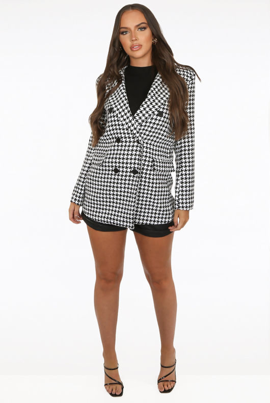 Dog Tooth Print Front Pocketed Button Trim Blazer