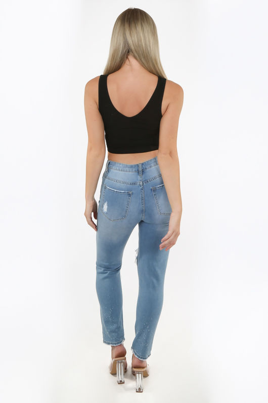 Black Ribbed V-Neck Crop Top