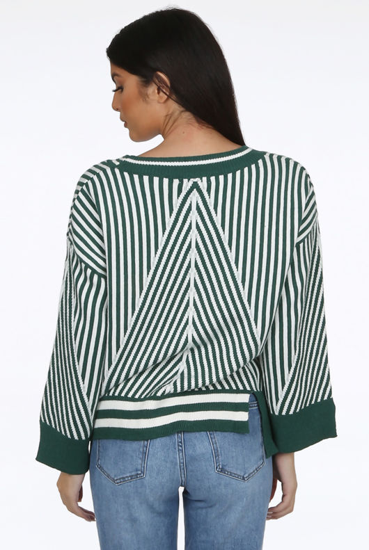 Green V Neck Stripes Pullover