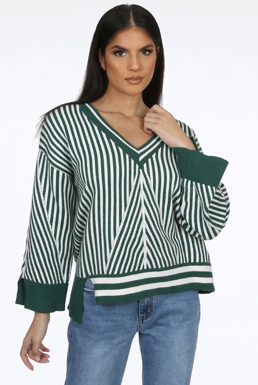 Green V Neck Stripes Pullover