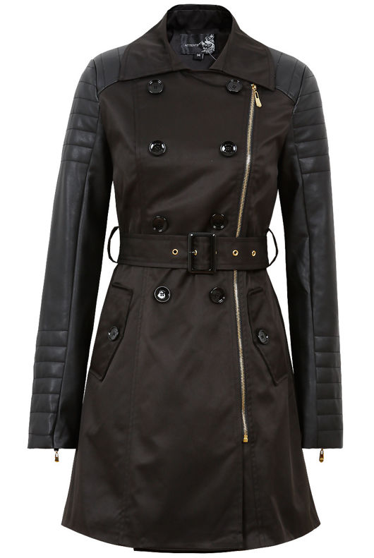 Black Trench Coat With PU Sleeve