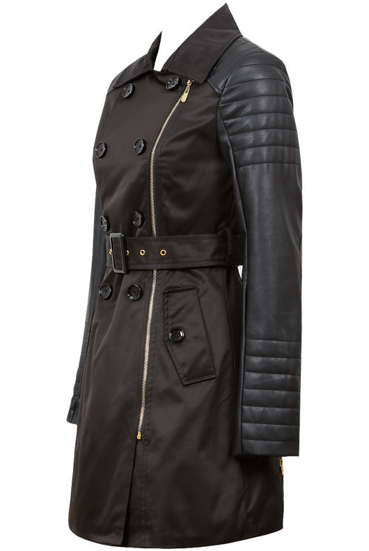 Black Trench Coat With PU Sleeve