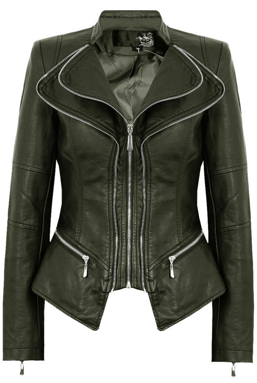 Khaki Double Collar Silver Zip Up Jacket