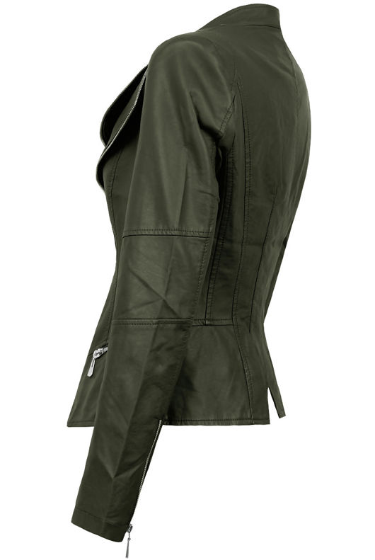 Khaki Double Collar Silver Zip Up Jacket