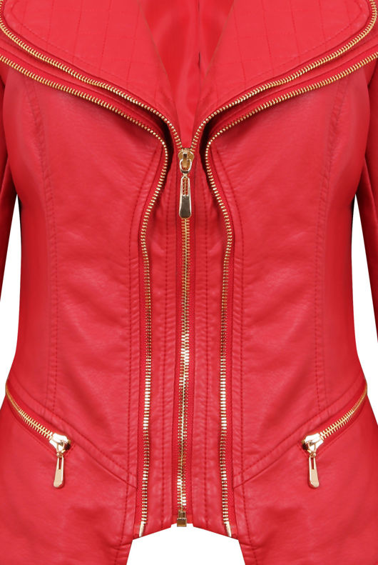 Red Double Collar Silver Zip Up Jacket