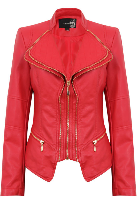 Red Double Collar Silver Zip Up Jacket