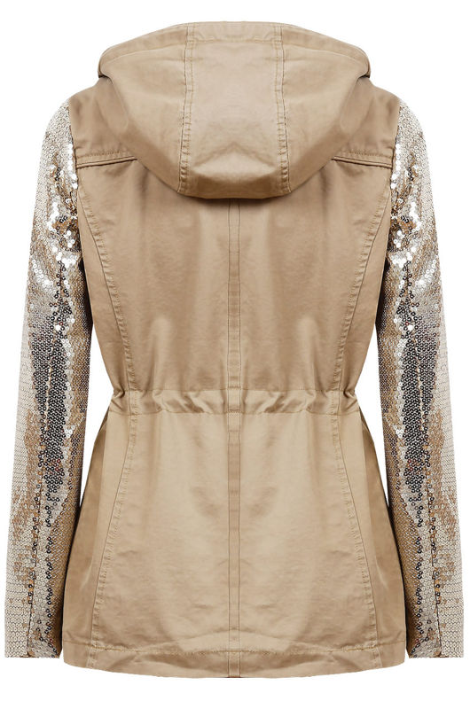 Beige Sequin Sleeve Double Pocket Hooded Jacket 
