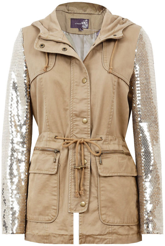 Beige Sequin Sleeve Double Pocket Hooded Jacket 