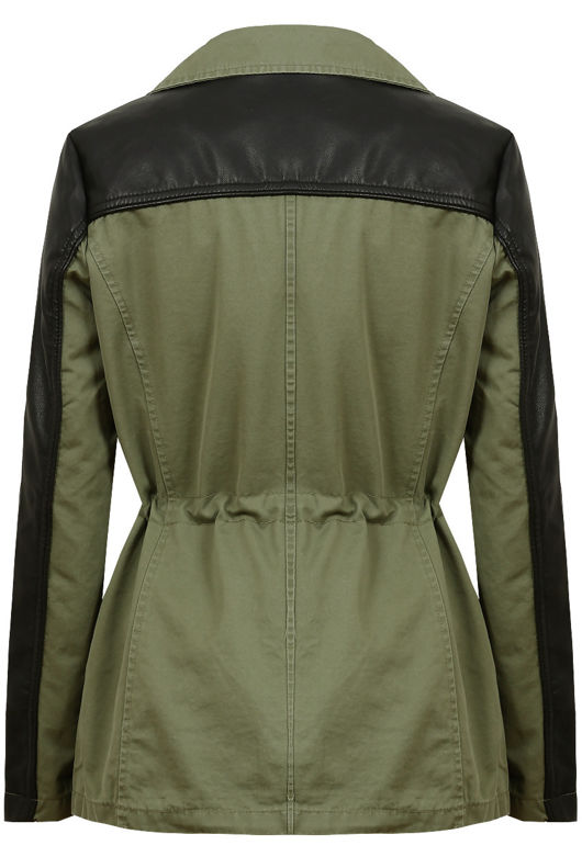 Khaki Contrast PVC Sleeve Double Pocket Jacket 