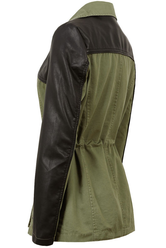 Khaki Contrast PVC Sleeve Double Pocket Jacket 