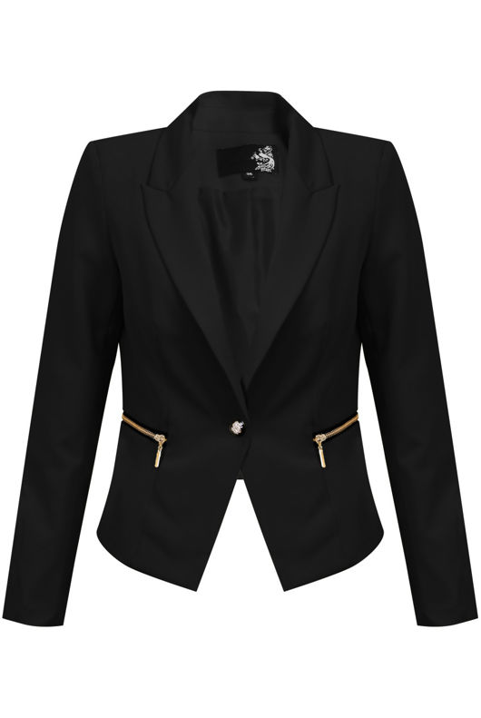 Black Round ZIp Detail Single Button Blazers