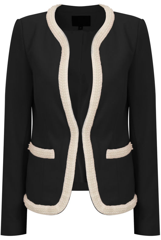 White Pearl Splicing Collarless Black Blazer
