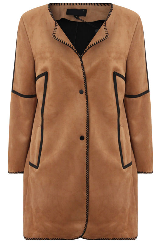 Camel Faux Suede Contrast Stitch Coat 