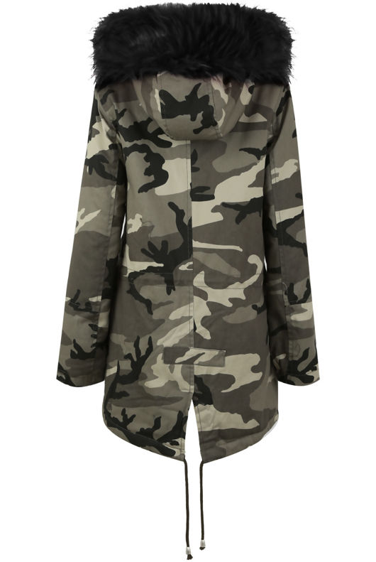 Camouflage with Black Fur Line Parka Jacket