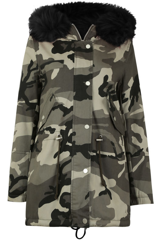 Camouflage with Black Fur Line Parka Jacket