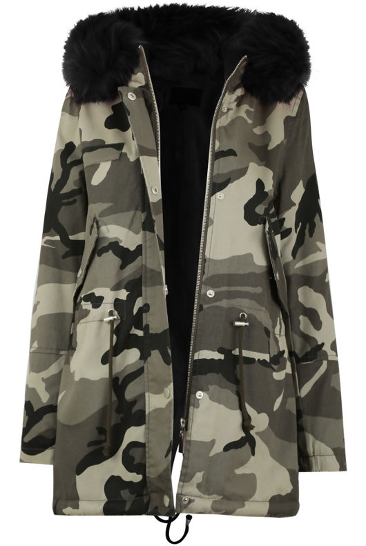 Camouflage with Black Fur Line Parka Jacket