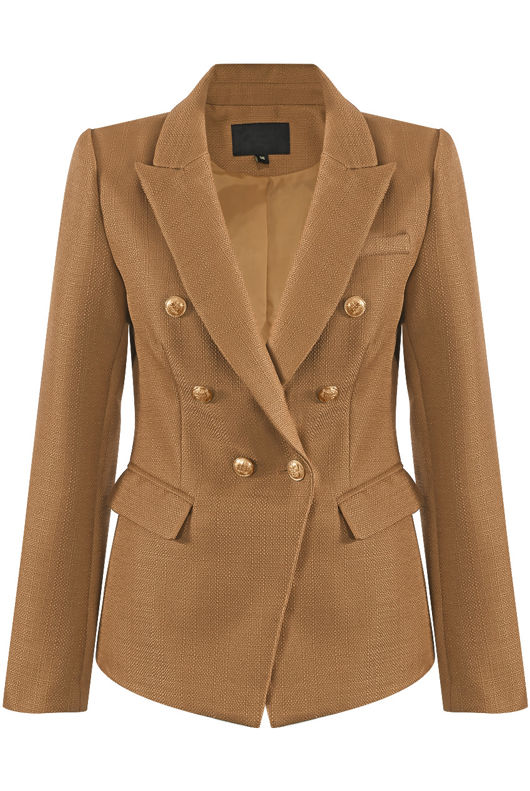 Beige Golden Button Double-Breast Hopsack Blazer