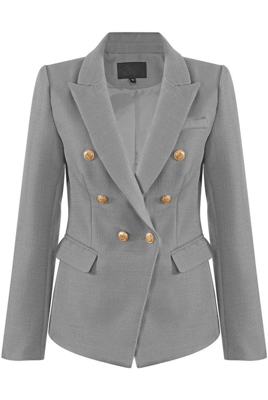 Grey Golden Button Double-Breast Hopsack Blazer