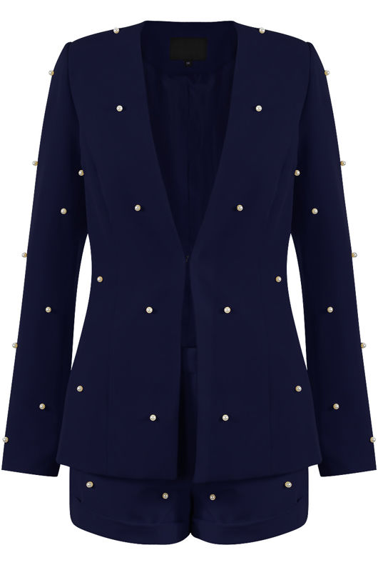 Pearls Trim Lapel-Less Navy Blazer