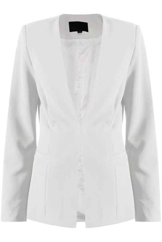 Tailored Lapel-less White Blazer with Golden buttons