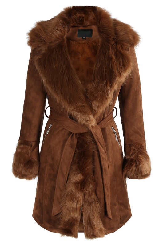 Suede Faux Fur Trim Overcoat
