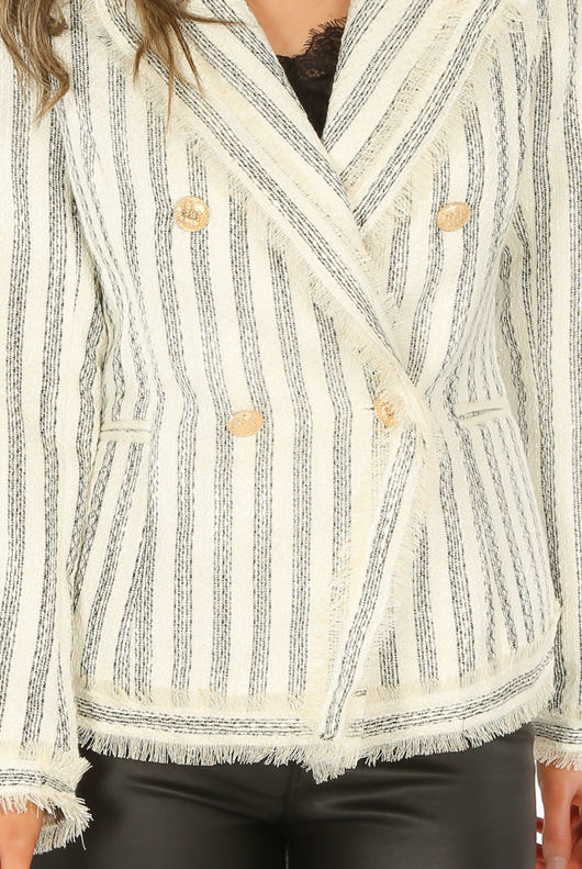 White Stripes Boucle Double Breasted Blazer