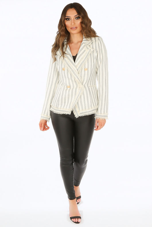 White Stripes Boucle Double Breasted Blazer