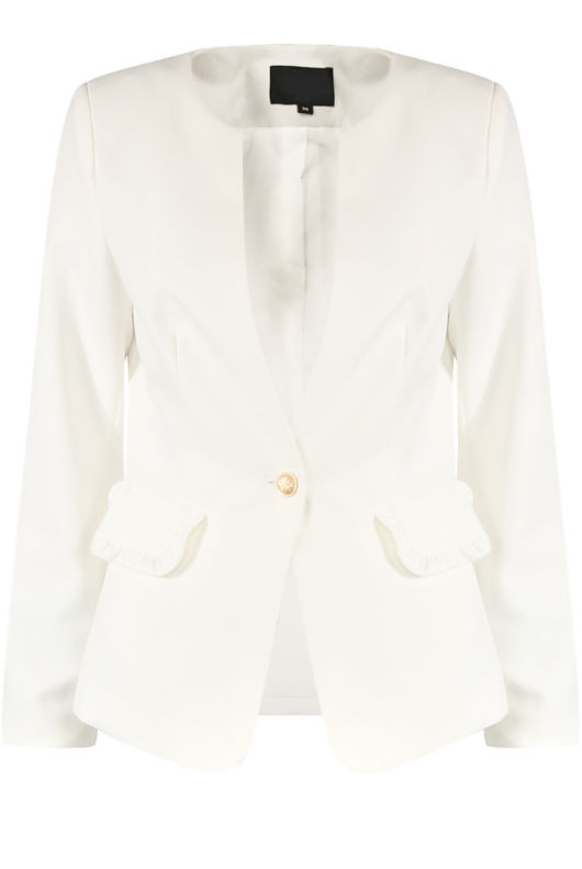 Collarless Single Button White Blazer