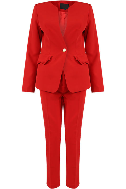 Red Collarless Ruffle Trim Blazer & Trouser Suit