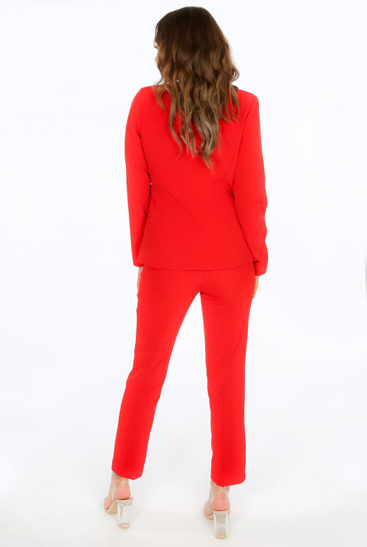 Red Collarless Ruffle Trim Blazer & Trouser Suit