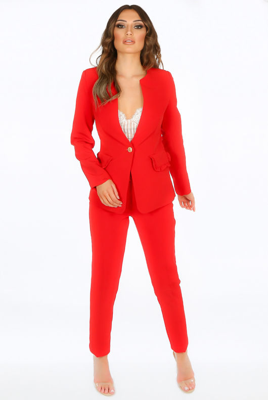 Red Collarless Ruffle Trim Blazer & Trouser Suit