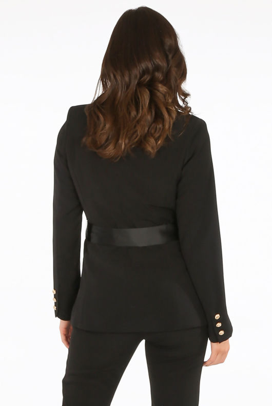 Black Attentif Camel Tailored Belted Blazer With Satin Lapel