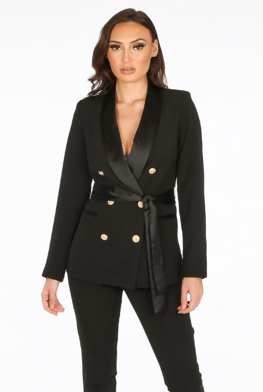 Black Attentif Camel Tailored Belted Blazer With Satin Lapel