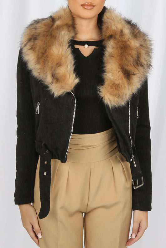 Black Corduroy Fur Trim Jacket