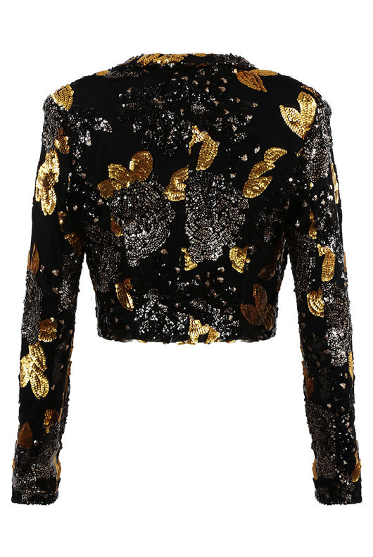 Floral Sequin Pattern Cropped Blazer  in Black