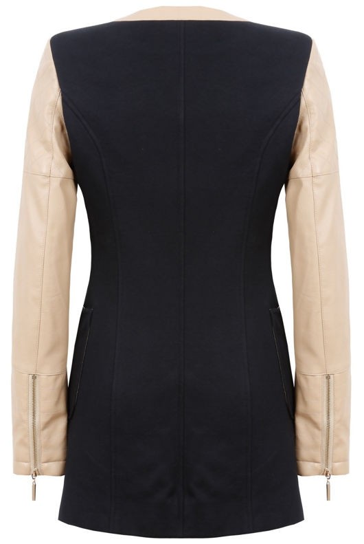 Black Beige Smart Long Contrast Arms PVC Sleeve Coat 