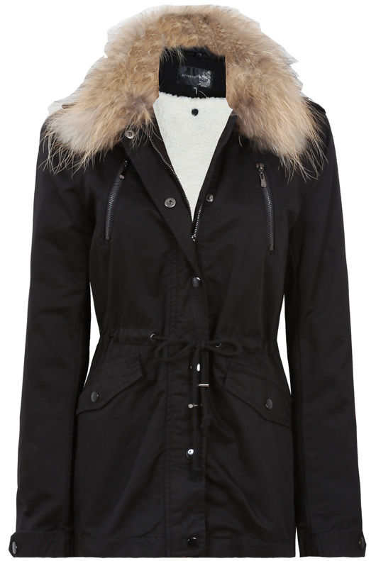 Black Real Fur Trim Parka Jacket