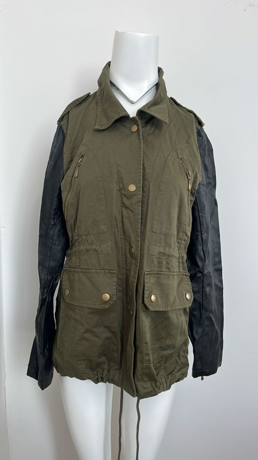 Khaki Contrast PVC Sleeve Double Pocket Jacket