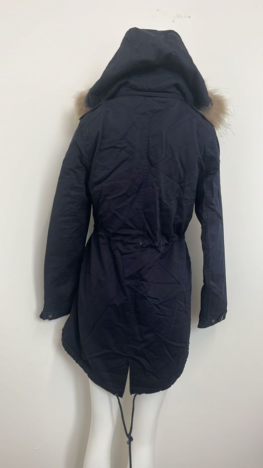  Faux Fur Lined Double Breasted Navy Parka Coat