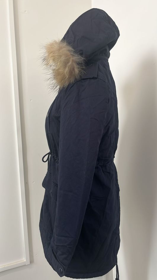  Faux Fur Lined Double Breasted Navy Parka Coat