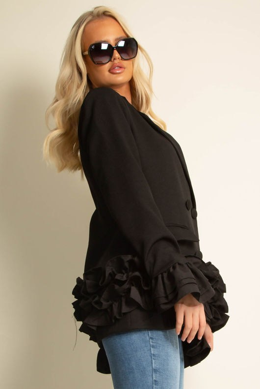 Black Frilled Double Breasted Asymmetric Blazer