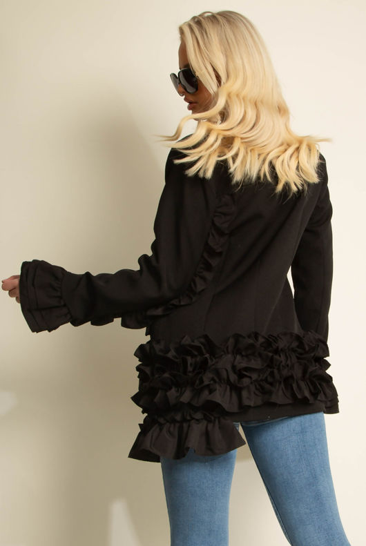 Black Frilled Double Breasted Asymmetric Blazer