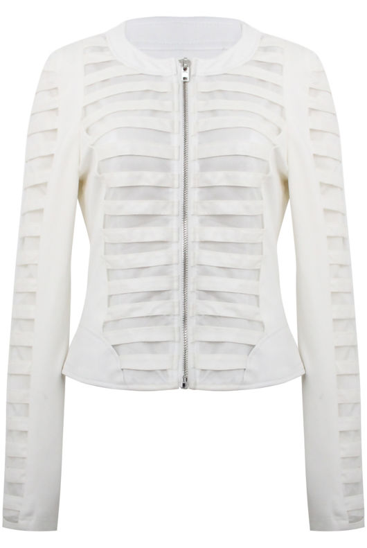 White PVC Piped Front Zip Up Biker Jacket