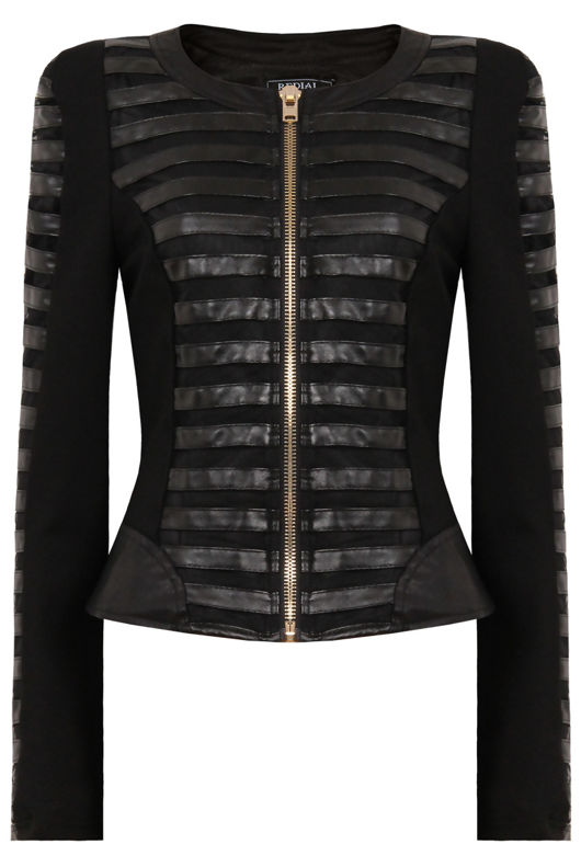Black PVC Piped Front Zip Up Biker Jacket