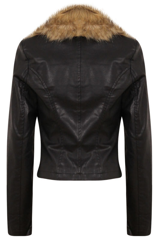 Black PVC Detachable Fur Collar Zip Pocket Jacket