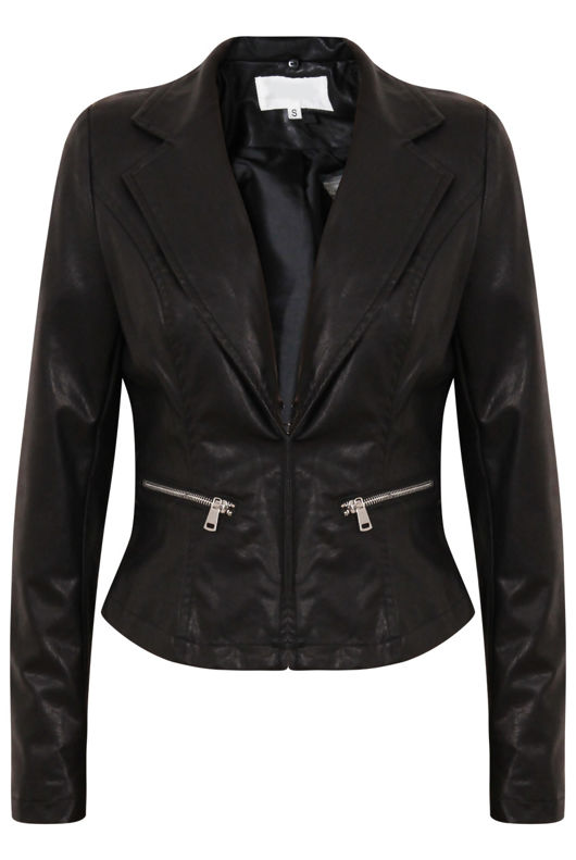 Black PVC Detachable Fur Collar Zip Pocket Jacket
