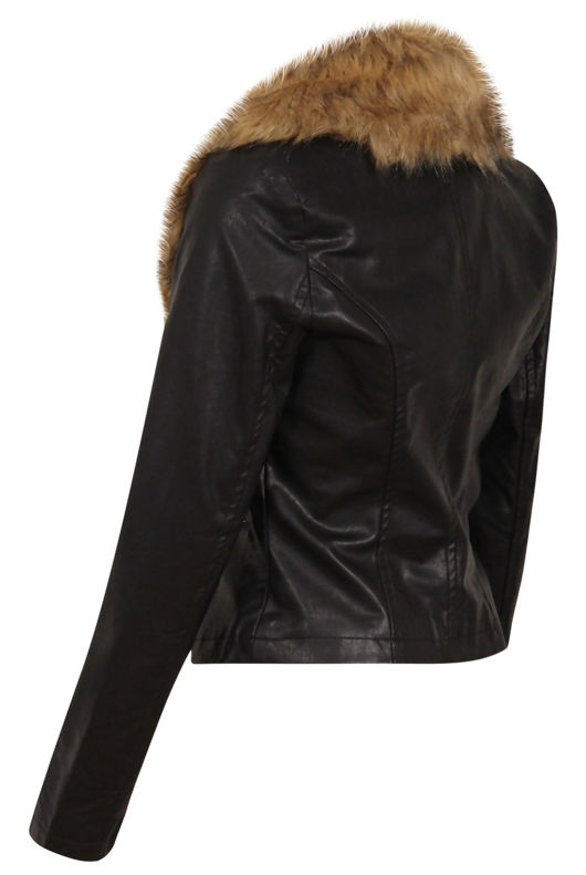 Black PVC Detachable Fur Collar Zip Pocket Jacket