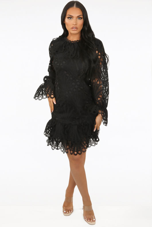 Black Floral Embroidery Lined Shift Dress